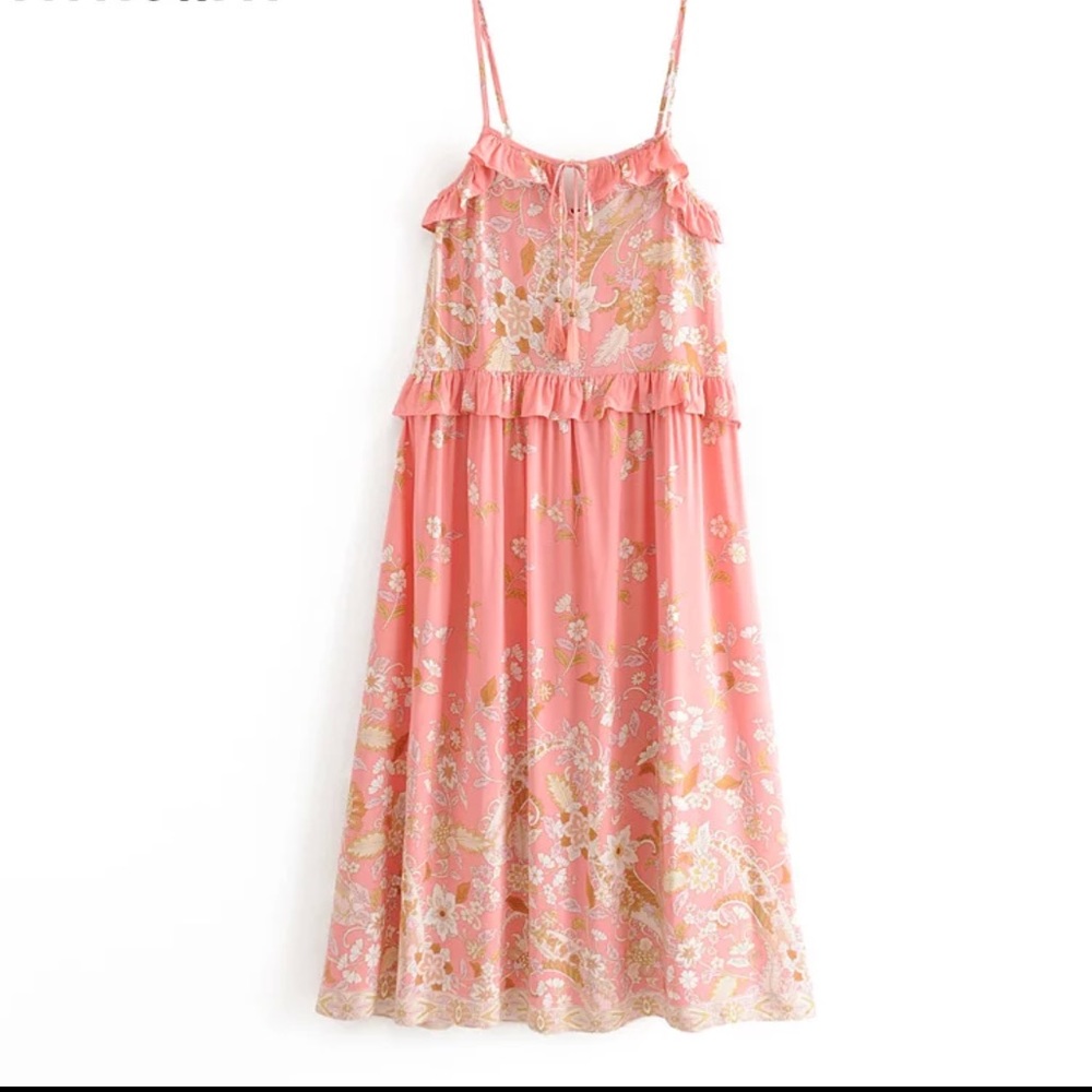 Boho Gypsy Hendrix Gown Strappy Long Dress Floral Pink L hippie free spirit